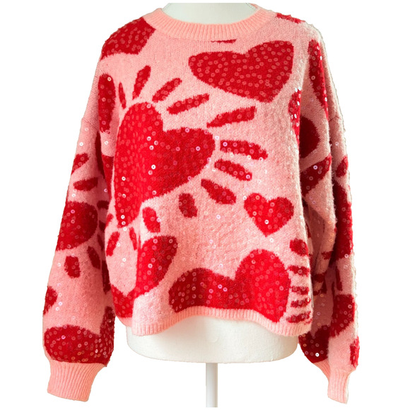 Luna Ivy Sequin Heart Sweater Pink Red Medium Boxy Preppy Y2K Glam Playful - Picture 1 of 10